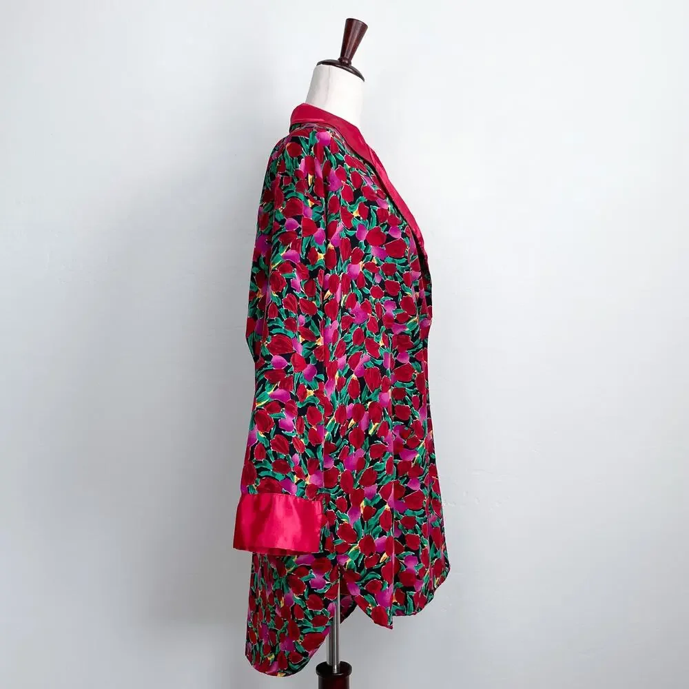 Victoria's Secret Vintage Pink Red Satin Romantic Floral Double-Breasted Robe